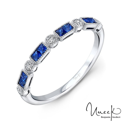 14K White Gold Princess Cut Blue Sapphire and Diamond Ring